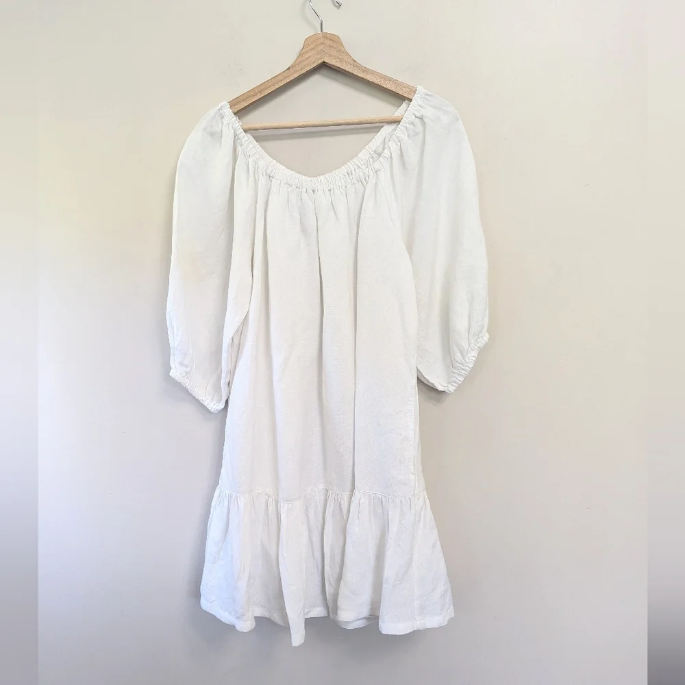 Tommy Bahama White Linen Dress Preppy Beach Puff Sleeve‎ Coastal